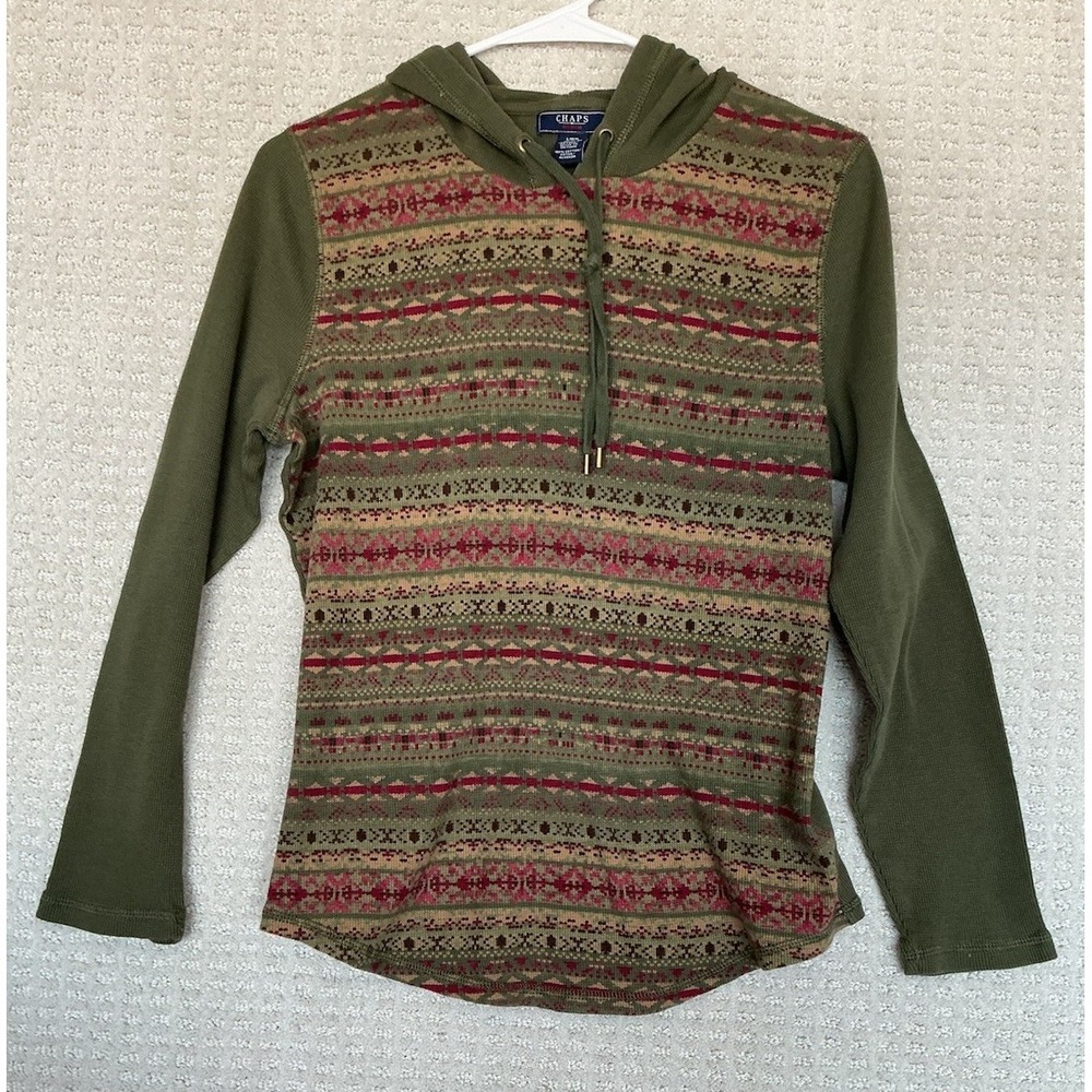 Chaps Denim Hoodie Thermal Waffle Knit Shirt Green Aztec L Women